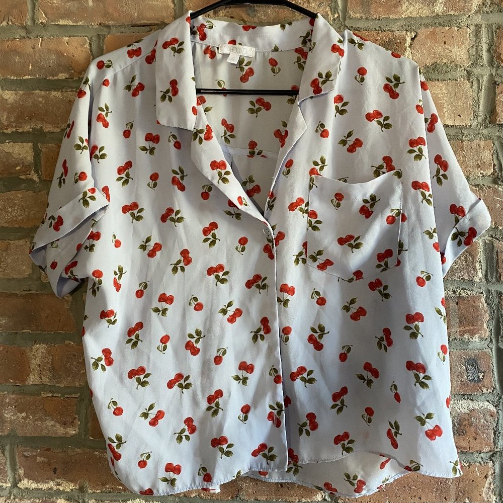 Blue/Red Boxy Shirt w/ Cherry Pattern
